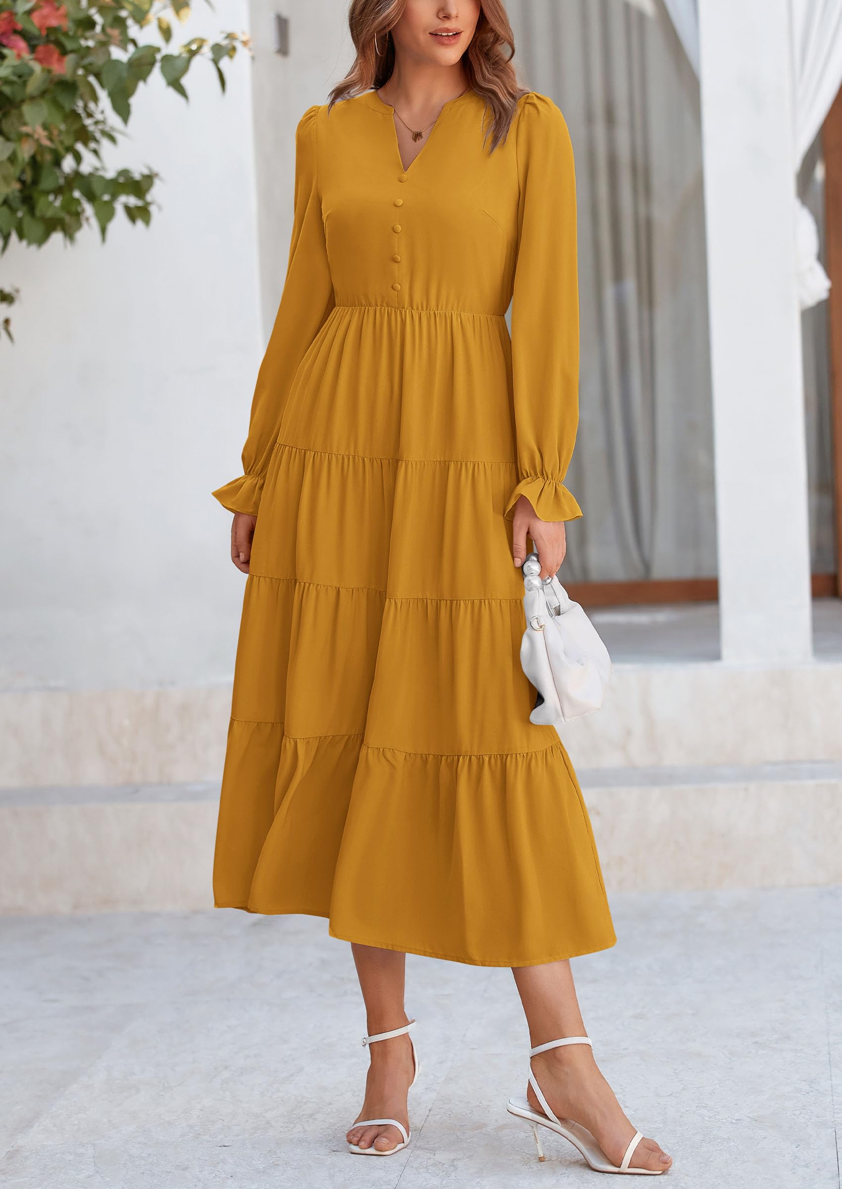 PRETTYGARDEN Women Fall Long Sleeve Smocked Maxi Dress Casual Square Neck Swiss Dot Tiered Ruffle Flowy Spring Pocket Dresses