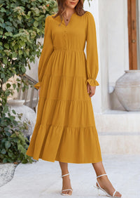 PRETTYGARDEN Women Fall Long Sleeve Smocked Maxi Dress Casual Square Neck Swiss Dot Tiered Ruffle Flowy Spring Pocket Dresses