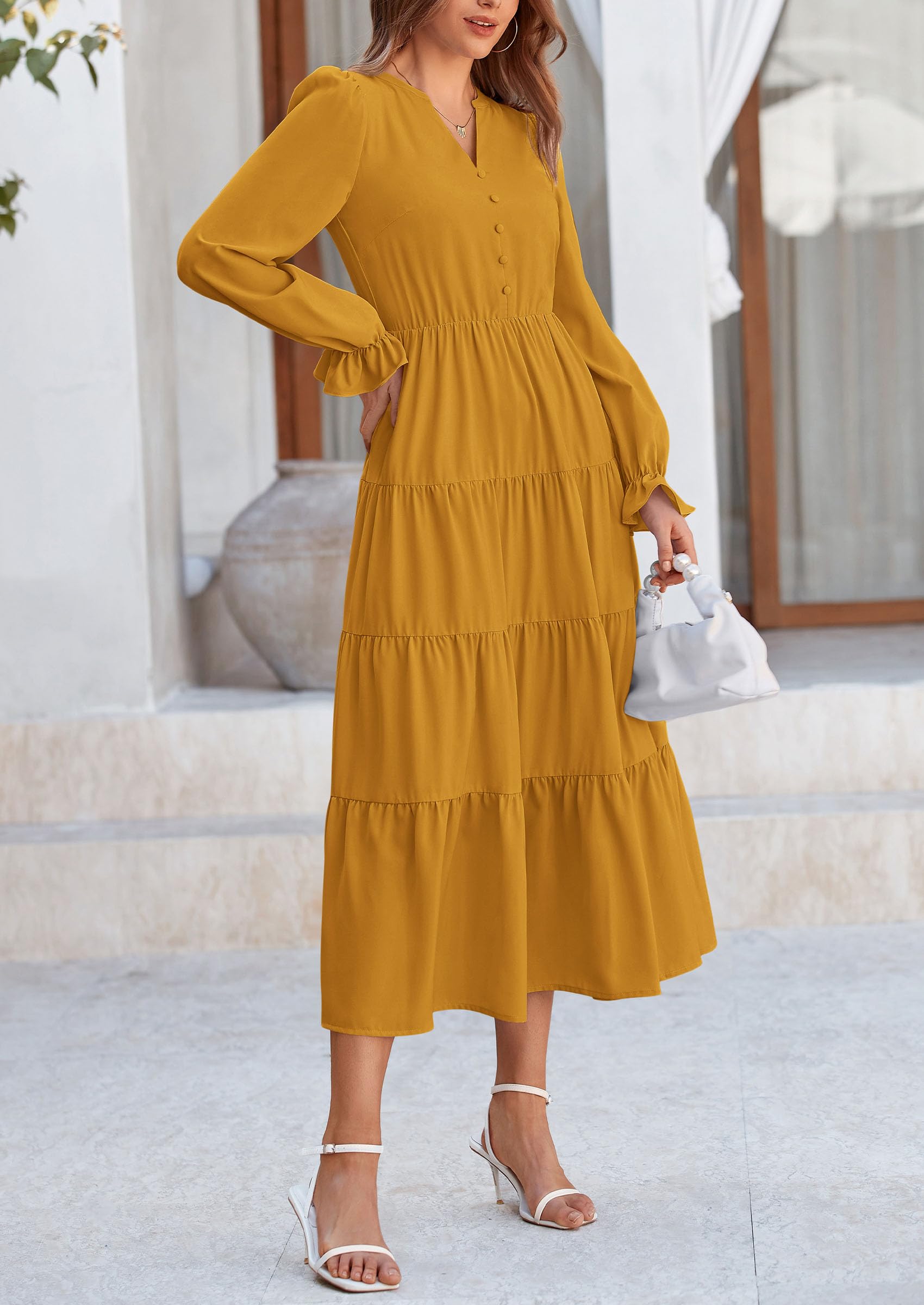 PRETTYGARDEN Women Fall Long Sleeve Smocked Maxi Dress Casual Square Neck Swiss Dot Tiered Ruffle Flowy Spring Pocket Dresses