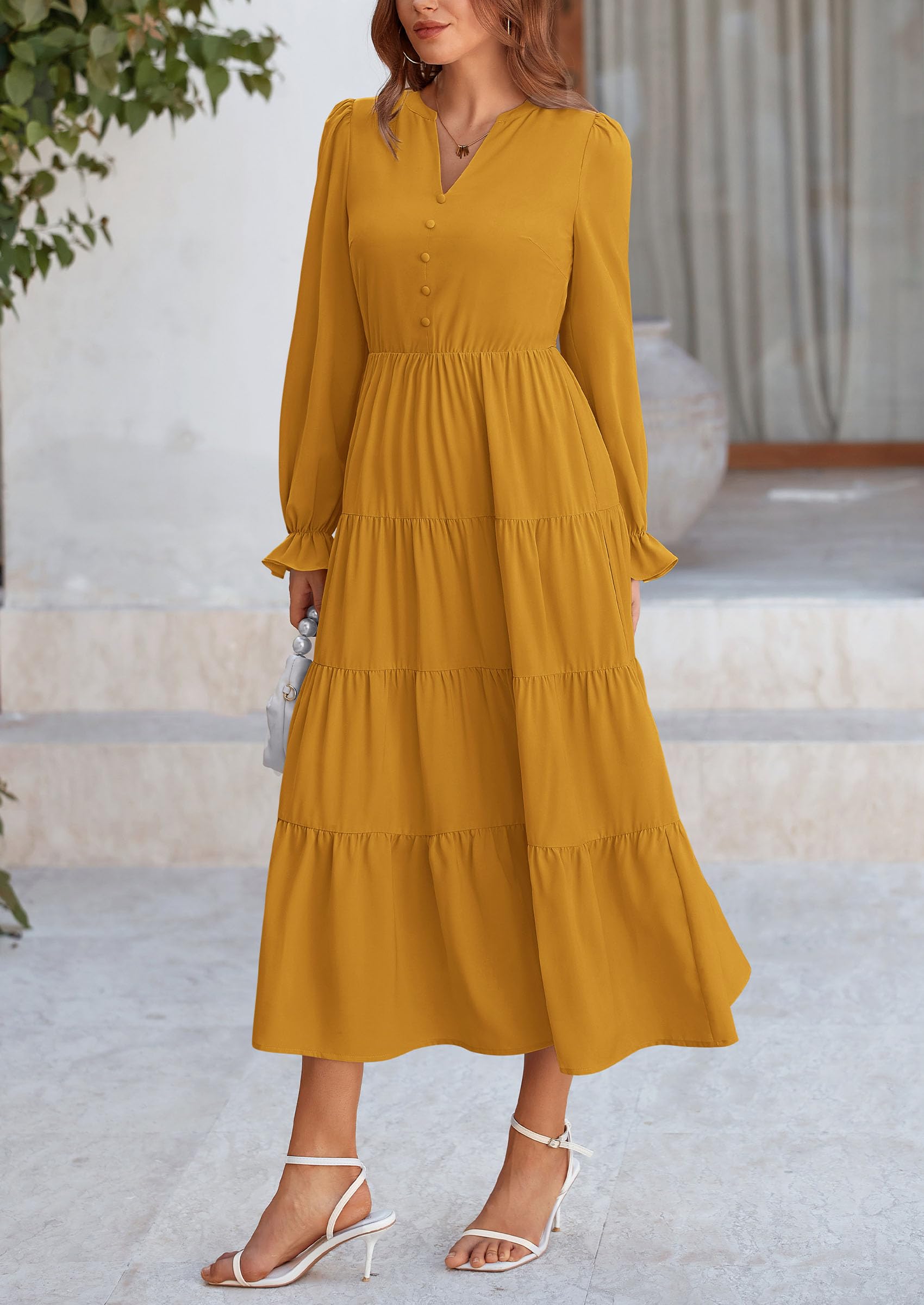 PRETTYGARDEN Women Fall Long Sleeve Smocked Maxi Dress Casual Square Neck Swiss Dot Tiered Ruffle Flowy Spring Pocket Dresses