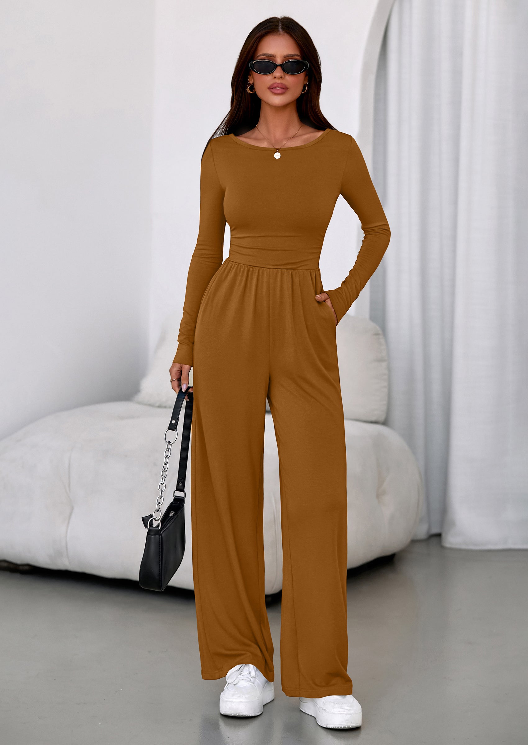 PRETTYGARDEN One Piece Jumpsuits for Women Dressy Casual Long Sleeve Crewneck Wide Leg Romper Overalls Spring Outfits