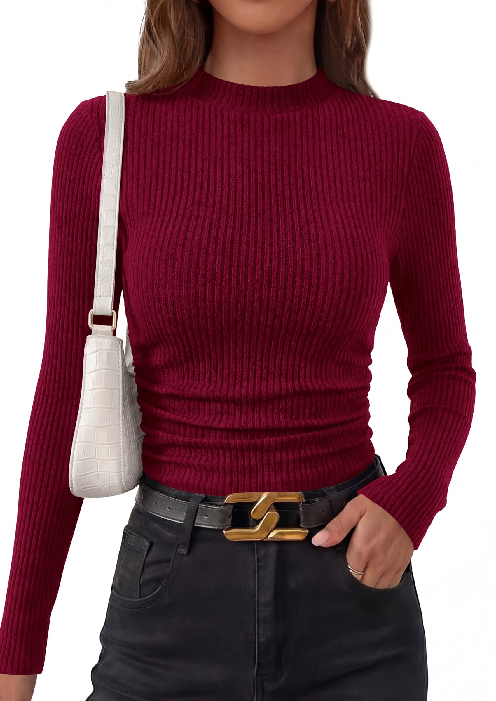 PRETTYGARDEN Womens Tops Fall Long Sleeve Going Out Shirts Ribbed Knit Mock Neck T-Shirt Fitted Ruched Y2K Crop Top