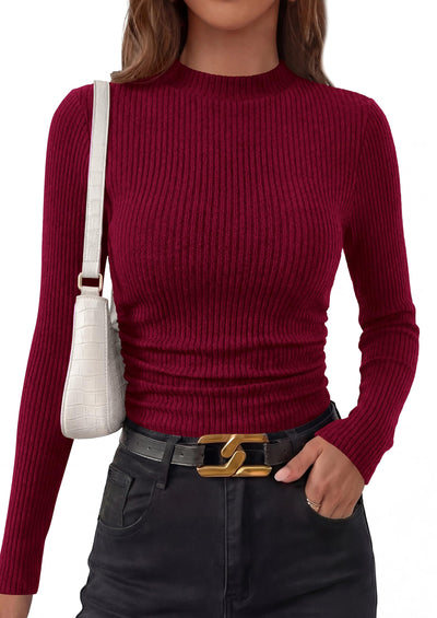 PRETTYGARDEN Womens Tops Fall Long Sleeve Going Out Shirts Ribbed Knit Mock Neck T-Shirt Fitted Ruched Y2K Crop Top