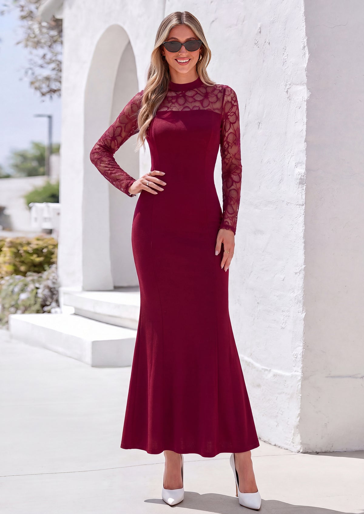 PRETTYGARDEN Women's Fall Lace Sheer Dress Bodycon Maxi Cocktail Dresses  Long Sleeve, Patchwork Mock Neck, Slim Fit, Elegant Mermaid, Semi Formal Outfits for Wedding Guest, Evening, Birthday Party