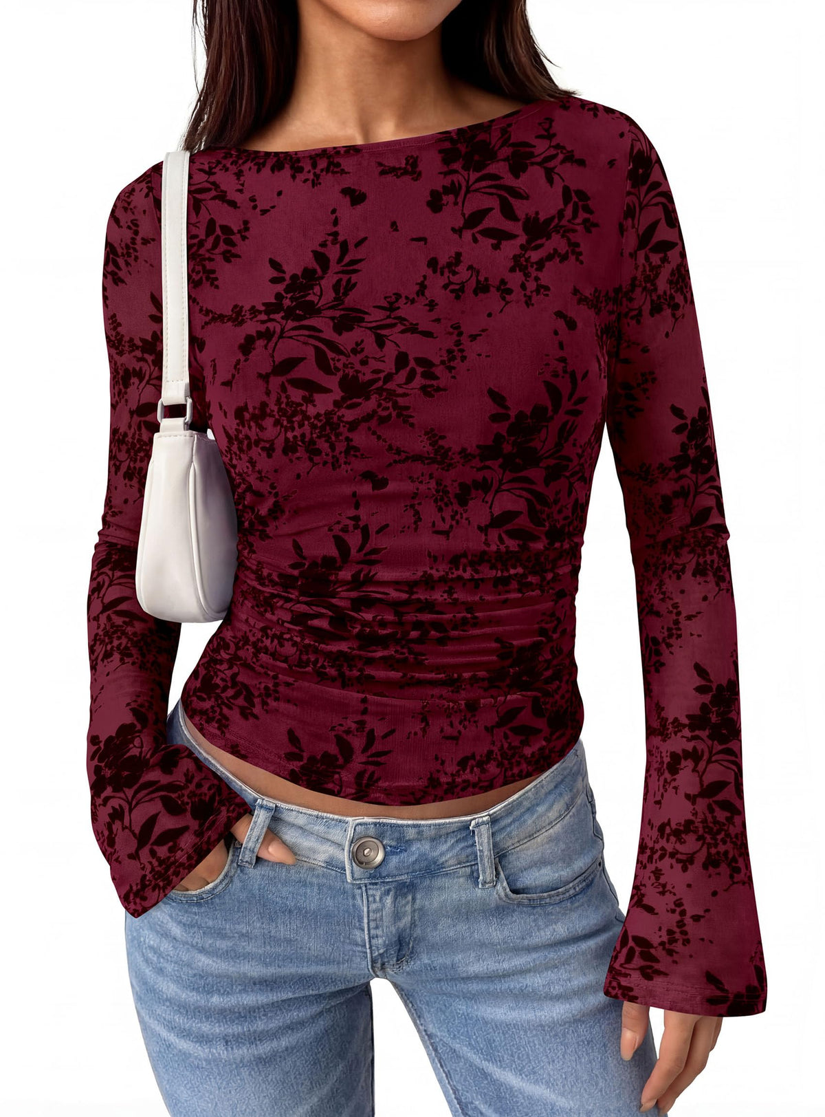 PRETTYGARDEN Women's Bell Sleeve Floral Mesh Crop Tops | Slim Fitted Shirts, Long Sleeve Going Out Top, Ruched Front, Boat Neck, Casual Blouses, Fall Date Night Outfits, Y2K Clothes