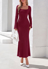 PRETTYGARDEN Women's Fall Long Sleeve Maxi Bodycon Dresses | Soft Stretchy Ribbed Knit, Bell Sleeve Square Neck Mermaid, Elegant Long Dress, Wedding Guest Party, 2026 Winter Clothing