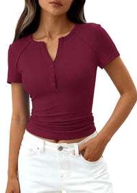 PRETTYGARDEN Womens Summer Short Sleeve Tops 2026 Spring Casual V Neck Henley Button Up T Shirts Dressy Ribbed Knit Blouses PRETTYGARDEN