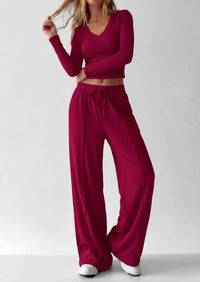 PRETTYGARDEN Women's 2 Piece Lounge Sets Matching Clothing  | V Neck Long Sleeve , Wide Leg Pants Pockets, Airport Travel Outfits, Soft Ribbed Knit, Drawstring Waist, Fall Resort Wear