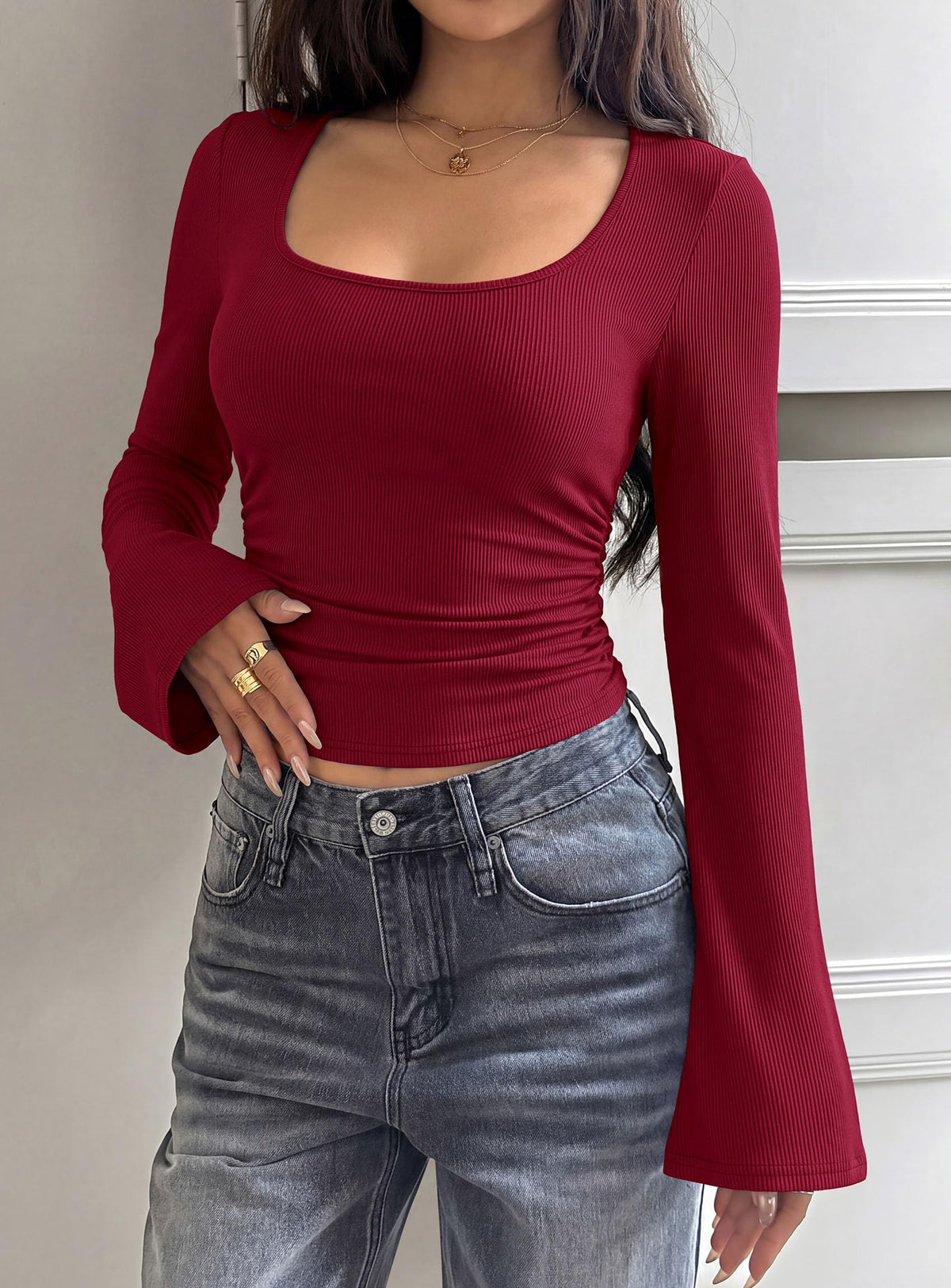 PRETTYGARDEN Womens Long Bell Sleeve Going Out Tops Fall Fashion 2026 Square Neck Ruched Ribbed Shirts Winter Y2K Clothes