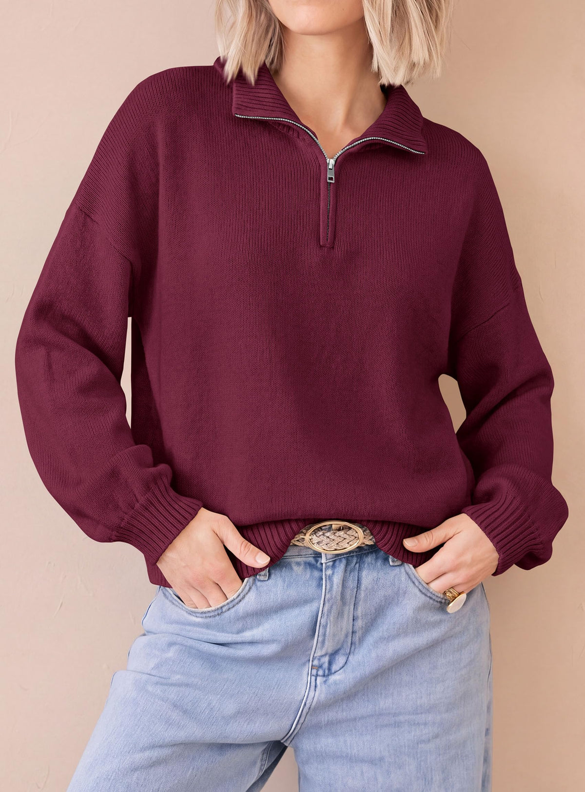 PRETTYGARDEN Women's Quarter Zip Pullover Oversized Sweaters | Collared Neck, Long Balloon Sleeve, Jumper Tops, Soft Cozy Knit, Ribbed Hem, Loose Fit, Fall Outfits, Winter Fashion Clothing
