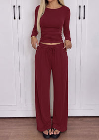 PRETTYGARDEN Women's Matching Lounge Sets 2 Piece Outfits  Boat Neck Long Sleeve , Wide Leg Pants Pockets, Ruched Waist, Travel Airport Resort Wear, Casual Fall Fashion Clothing