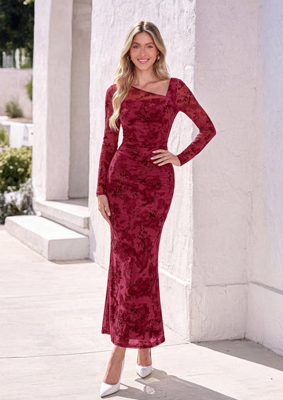 PRETTYGARDEN Womens Fall Asymmetrical Neck Formal Wedding Guest Maxi Dress  Slim Fit Mesh Floral, Ruched Bodycon Long Sleeve, Elegant Cocktail Party, Homecoming Fall Winter Dresses