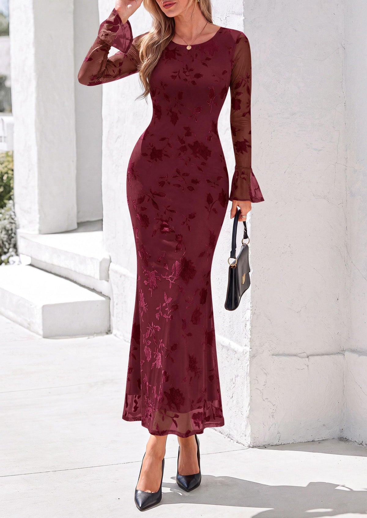 PRETTYGARDEN Women's Long Sleeve Maxi Floral Mesh Fall Wedding Guest Dress