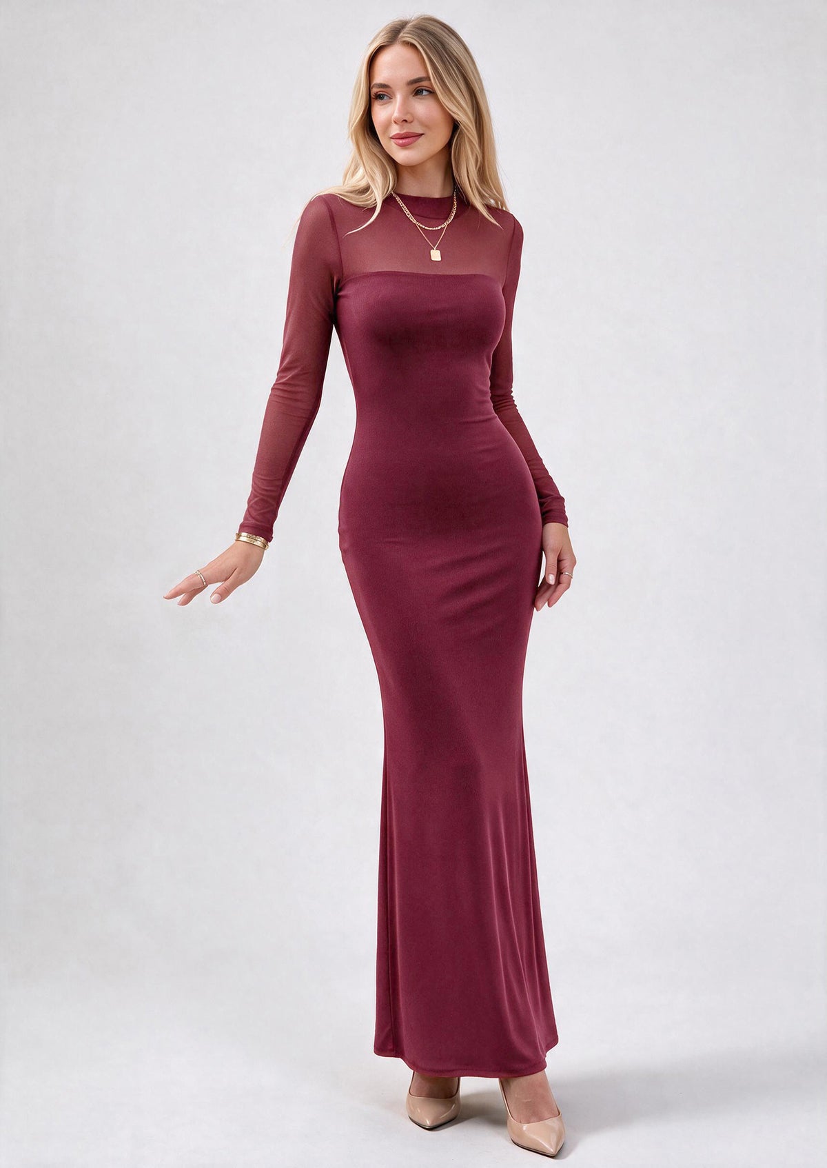 PRETTYGARDEN Women's Formal Mesh Sheer Long Sleeve Maxi Dress | Slimming Mermaid Bodycon Long Dresses, Sexy Elegant Wedding Guest Cocktail Holiday Party Dress, Fall Date Night Outfits