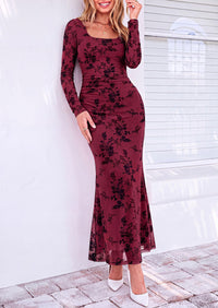 PRETTYGARDEN Women's Long Sleeve Floral Maxi Bodycon Dress  Cocktail Dresses for Wedding Guest, Square Neck, Stretchy Mesh, Elegant Classy, Formal Holiday Party, Fall Date Night Outfits