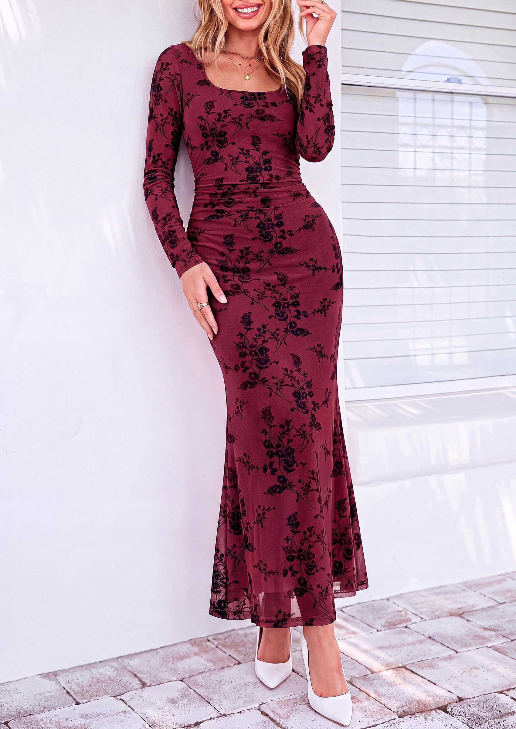 PRETTYGARDEN Women's Long Sleeve Floral Maxi Bodycon Dress  Cocktail Dresses for Wedding Guest, Square Neck, Stretchy Mesh, Elegant Classy, Formal Holiday Party, Fall Date Night Outfits