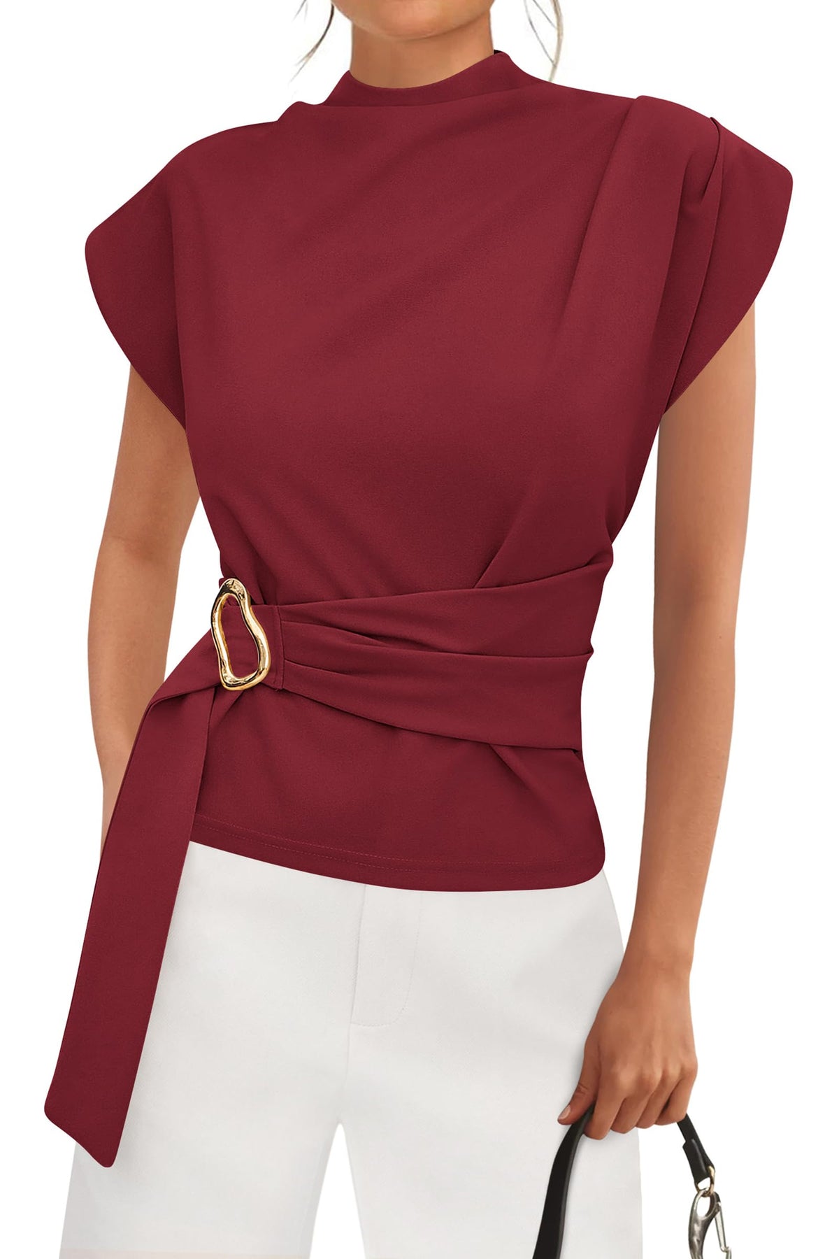 PRETTYGARDEN Women Blouses Spring Dressy Cap Sleeve Mock Neck Work Shirts Buckle Tunic Summer Business Casual Tops PRETTYGARDEN