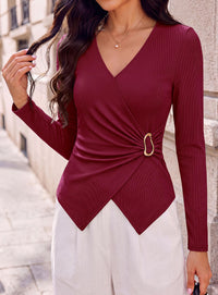 PRETTYGARDEN Women's Ribbed Knit V Neck Fall Blouses Long Sleeve Work Tops Business Casual Office Clothes, Dressy Wrap Shirts, Elegant Going Out Date Night Outfit, Slim Fit, Buckle, Asymmetrical Hem