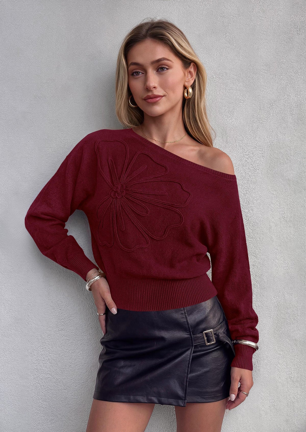 PRETTYGARDEN Women's Fall Off The Shoulder Sweater Tops   | 3D Flower Off Shoulder Sweater, Cinched Waist, Long Sleeve Cropped Sweaters, Knit Pullover Tops, Trendy Date Night Outfit