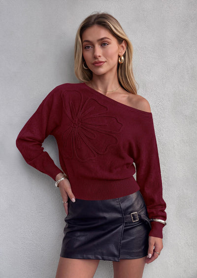 PRETTYGARDEN Women's Fall Off The Shoulder Sweater Tops   | 3D Flower Off Shoulder Sweater, Cinched Waist, Long Sleeve Cropped Sweaters, Knit Pullover Tops, Trendy Date Night Outfit