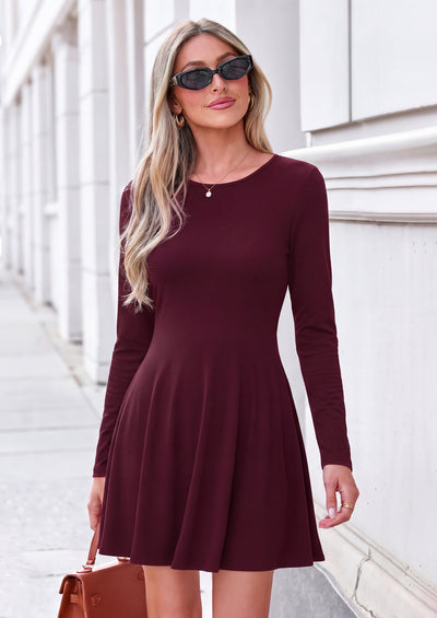 PRETTYGARDEN Womens Fall Mini Dress 2026 Crewneck Long Sleeve Tie Back Waist A Line Flowy Casual Dresses Fashion Outfits