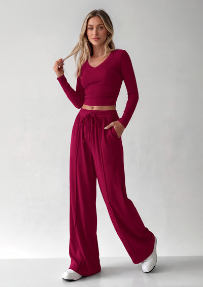 PRETTYGARDEN Women's 2 Piece Lounge Sets Matching Clothing  | V Neck Long Sleeve , Wide Leg Pants Pockets, Airport Travel Outfits, Soft Ribbed Knit, Drawstring Waist, Fall Resort Wear