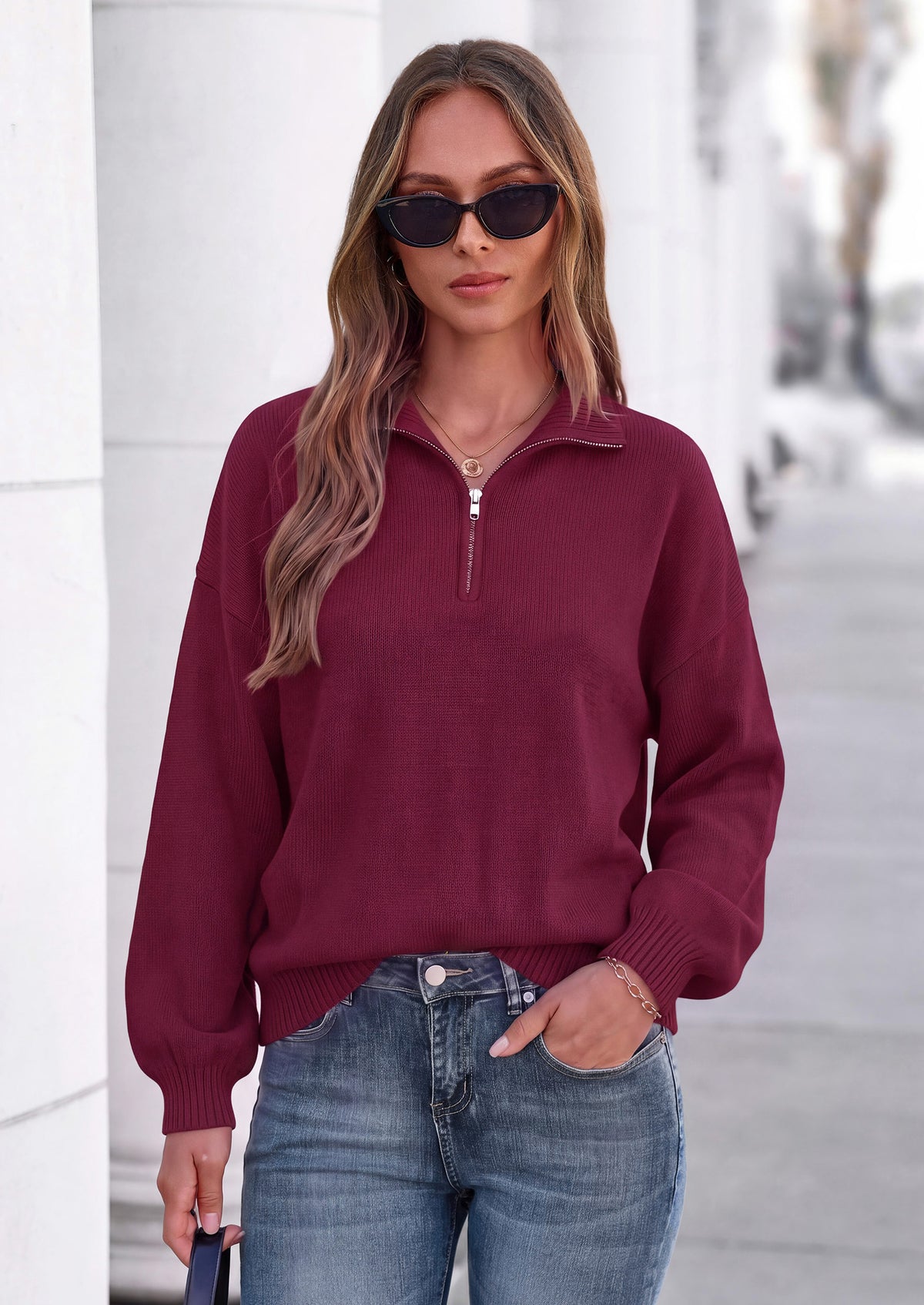 PRETTYGARDEN Women's Quarter Zip Pullover Oversized Sweaters | Collared Neck, Long Balloon Sleeve, Jumper Tops, Soft Cozy Knit, Ribbed Hem, Loose Fit, Fall Outfits, Winter Fashion Clothing