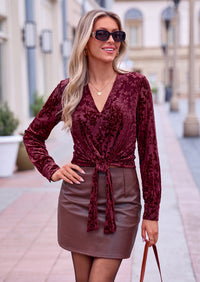 PRETTYGARDEN Women Double Lined Long Sleeve Shirts Tie Knot Front Crop Tops Sheer Sleeves, Velvet Jacquard Floral, Delicate Decorate Button, Classic V Neck, Elegant Dressy Blouses, Casual Fall Outfits