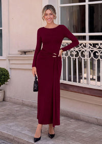 PRETTYGARDEN Women's Long Sleeve Ruched Bodycon Maxi Dress | Wedding Guest Dresses, Twist Knot Waist, Back Slit, Slim Fitted, Formal Wear, Cocktail Holiday Party, Date Night Fall Outfits