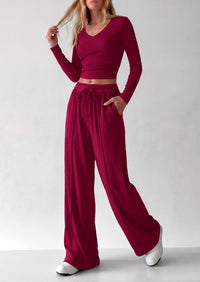PRETTYGARDEN Women's 2 Piece Lounge Sets Matching Clothing  | V Neck Long Sleeve , Wide Leg Pants Pockets, Airport Travel Outfits, Soft Ribbed Knit, Drawstring Waist, Fall Resort Wear
