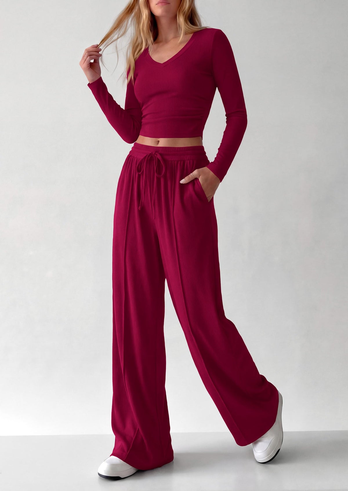 PRETTYGARDEN Women's 2 Piece Lounge Sets Matching Clothing  | V Neck Long Sleeve , Wide Leg Pants Pockets, Airport Travel Outfits, Soft Ribbed Knit, Drawstring Waist, Fall Resort Wear