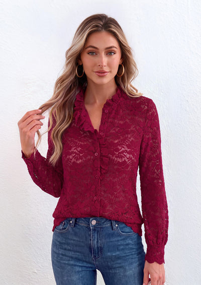 PRETTYGARDEN Women Lace Tops Button Down Long Sleeve Shirts  | Sheer Lace Button Shirts, Elegant Ruffle Collar Blouses, Eyelet Tops Dressy Casual, Date Night Outfit, Fall Fashion Clothing