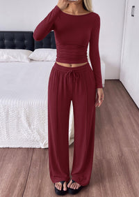 PRETTYGARDEN Women's Matching Lounge Sets 2 Piece Outfits  Boat Neck Long Sleeve , Wide Leg Pants Pockets, Ruched Waist, Travel Airport Resort Wear, Casual Fall Fashion Clothing