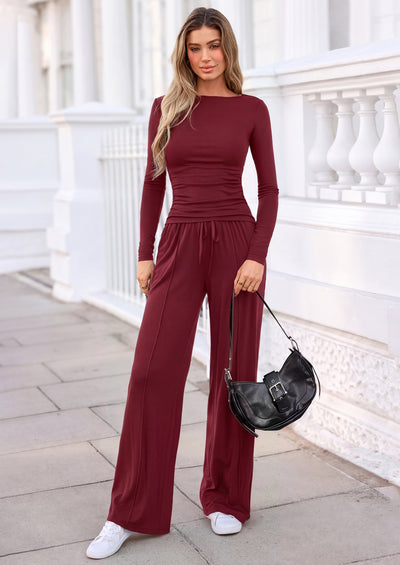PRETTYGARDEN Women's Matching Lounge Sets 2 Piece Outfits  Boat Neck Long Sleeve , Wide Leg Pants Pockets, Ruched Waist, Travel Airport Resort Wear, Casual Fall Fashion Clothing