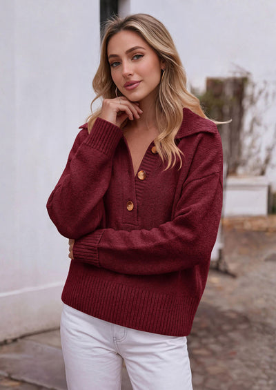 PRETTYGARDEN Womens Fall Long Sleeve Sweaters Button up V Neck Polo Shirts | Quarter Button Collared Tops, Ribbed Knit Comfy Shirts, Relaxed Fit Sweater Tops, Casual Fall Outfits for Women 2026