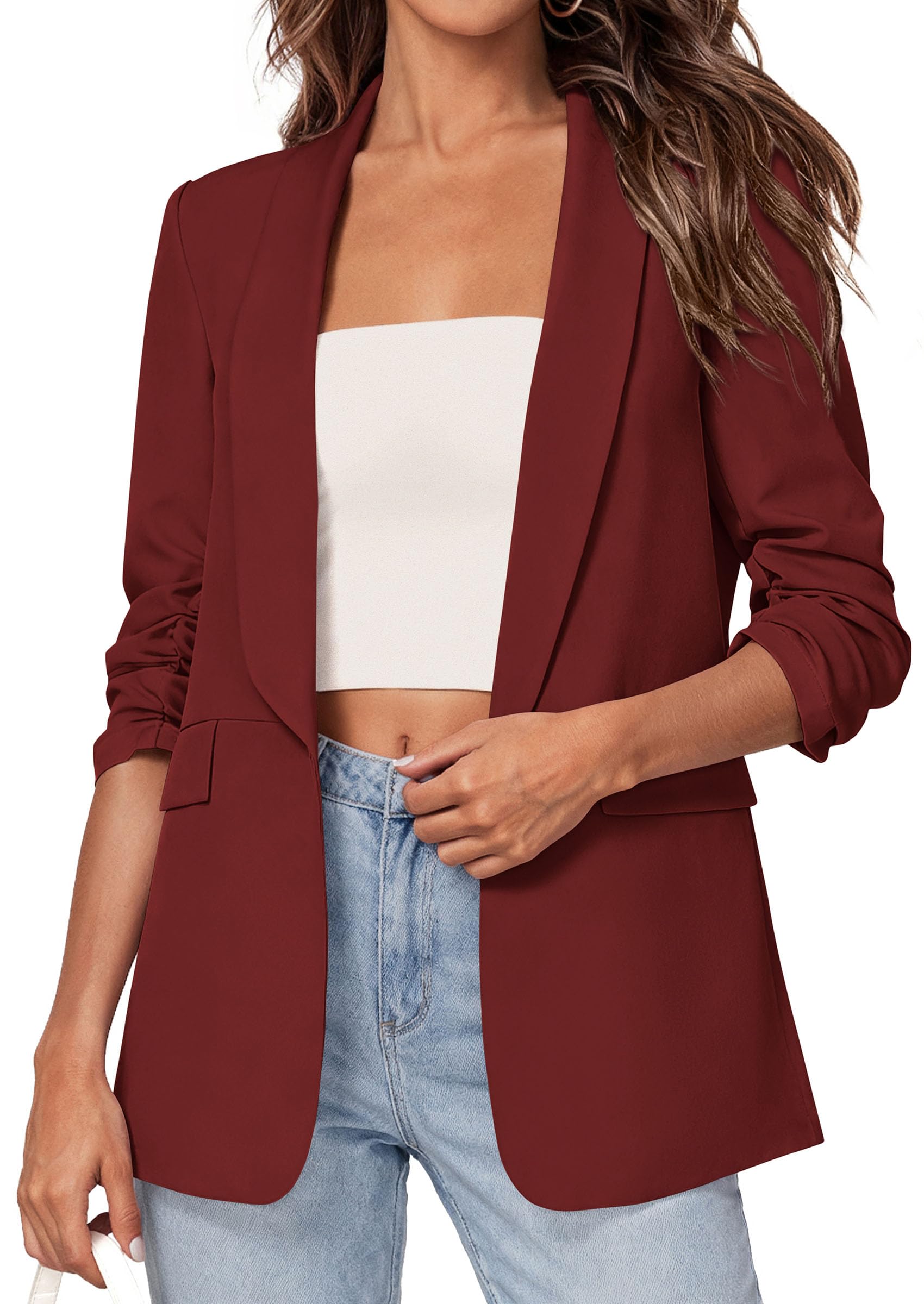 PRETTYGARDEN Women's Spring Blazers Business Casual Outfits Open Front Ruched 3/4 Sleeve Lightweight Work Suits Jackets PRETTYGARDEN