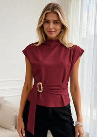 PRETTYGARDEN Women Blouses Spring Dressy Cap Sleeve Mock Neck Work Shirts Buckle Tunic Summer Business Casual Tops PRETTYGARDEN