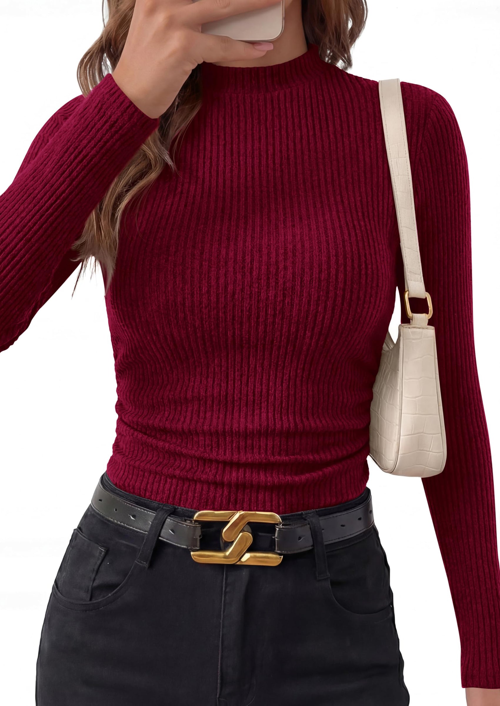 PRETTYGARDEN Womens Tops Fall Long Sleeve Going Out Shirts Ribbed Knit Mock Neck T-Shirt Fitted Ruched Y2K Crop Top