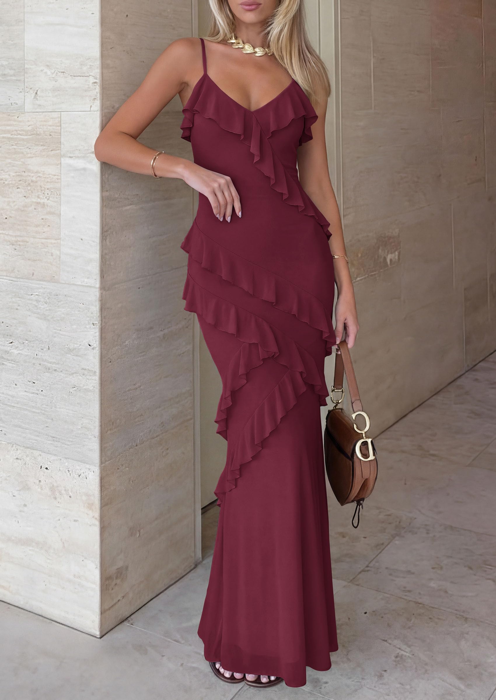 PRETTYGARDEN Women Wedding Guest Cocktail Maxi Dress Spaghetti Strap Sleeveless V Neck Bodycon Mesh Party Summer Outfits