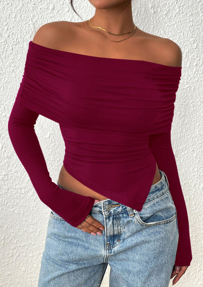 PRETTYGARDEN Women's Long Sleeve Shirts Off Shoulder Tops Going Out Slim Fitted Y2K Blouses Fall Fashion Clothes