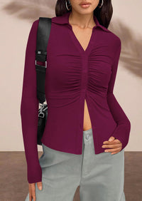 PRETTYGARDEN Womens Button Down Shirts V Neck Collared Ruched Slim Fit Long Sleeve Shirt Casual Fall Fashion Ladies Tops PRETTYGARDEN