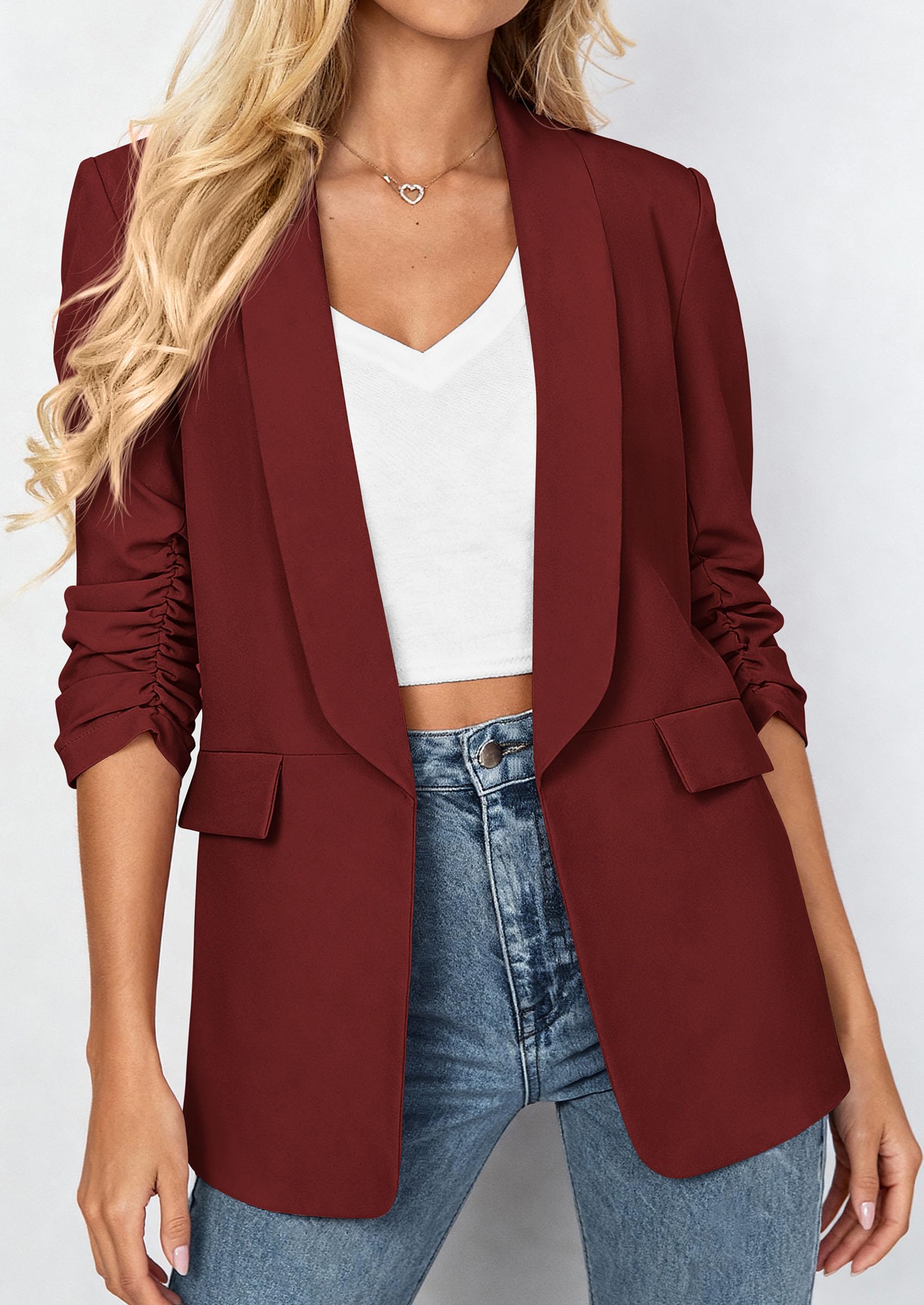 PRETTYGARDEN Women's Spring Blazers Business Casual Outfits Open Front Ruched 3/4 Sleeve Lightweight Work Suits Jackets PRETTYGARDEN