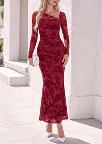 PRETTYGARDEN Womens Fall Asymmetrical Neck Formal Wedding Guest Maxi Dress  Slim Fit Mesh Floral, Ruched Bodycon Long Sleeve, Elegant Cocktail Party, Homecoming Fall Winter Dresses