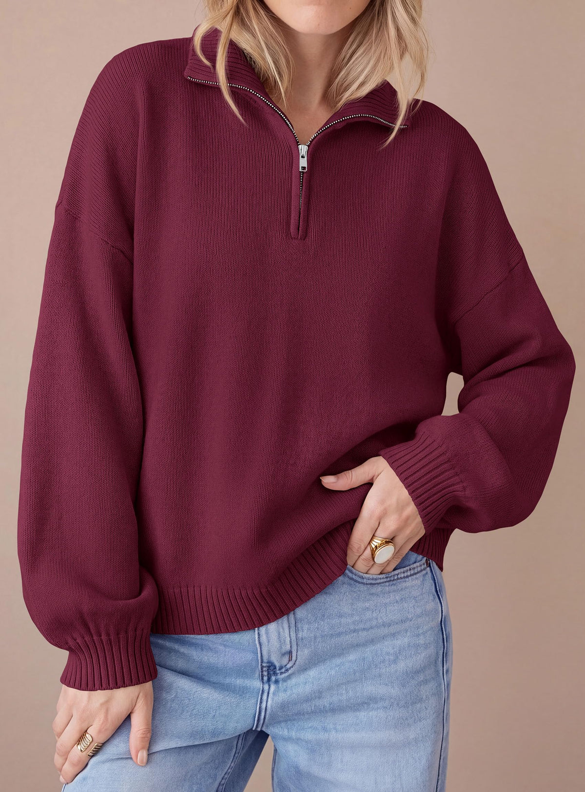 PRETTYGARDEN Women's Quarter Zip Pullover Oversized Sweaters | Collared Neck, Long Balloon Sleeve, Jumper Tops, Soft Cozy Knit, Ribbed Hem, Loose Fit, Fall Outfits, Winter Fashion Clothing
