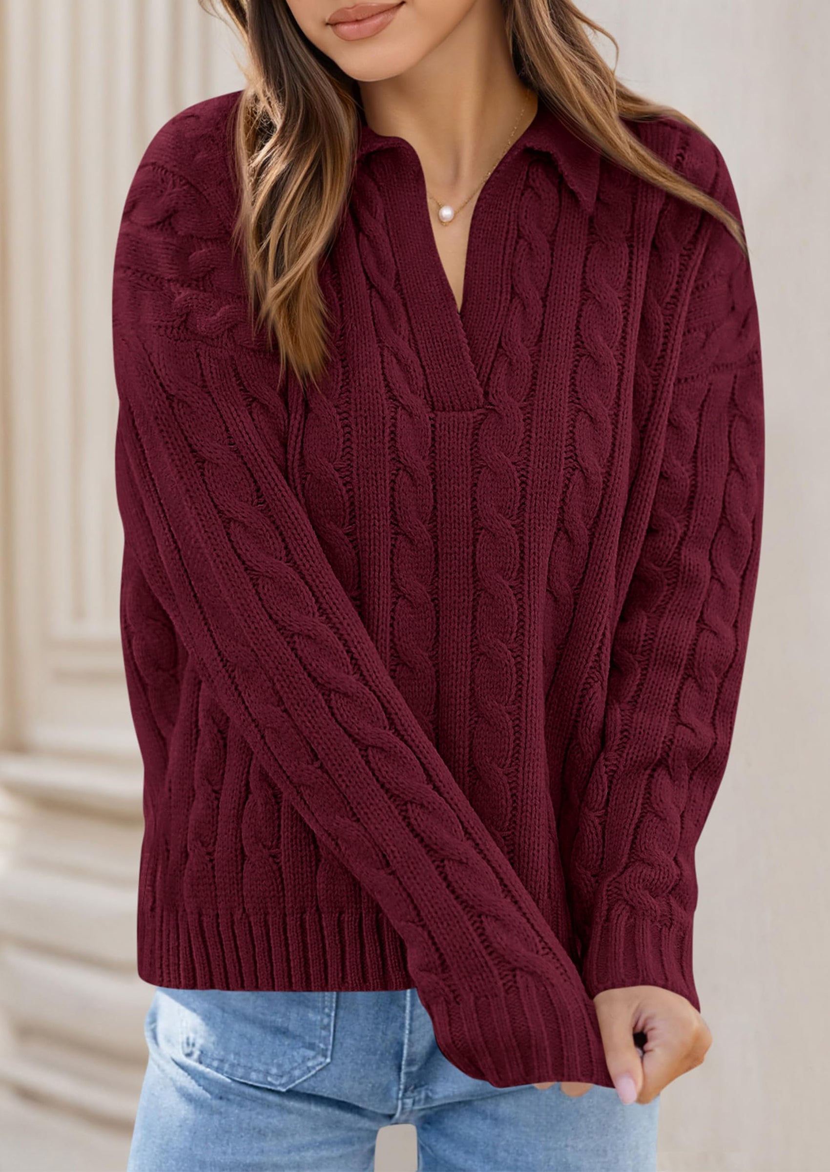 PRETTYGARDEN Fall Cable Knit Oversized Sweaters for Women Polo V Neck Long Sleeve Casual Chunky Sweater Pullover Tops PRETTYGARDEN