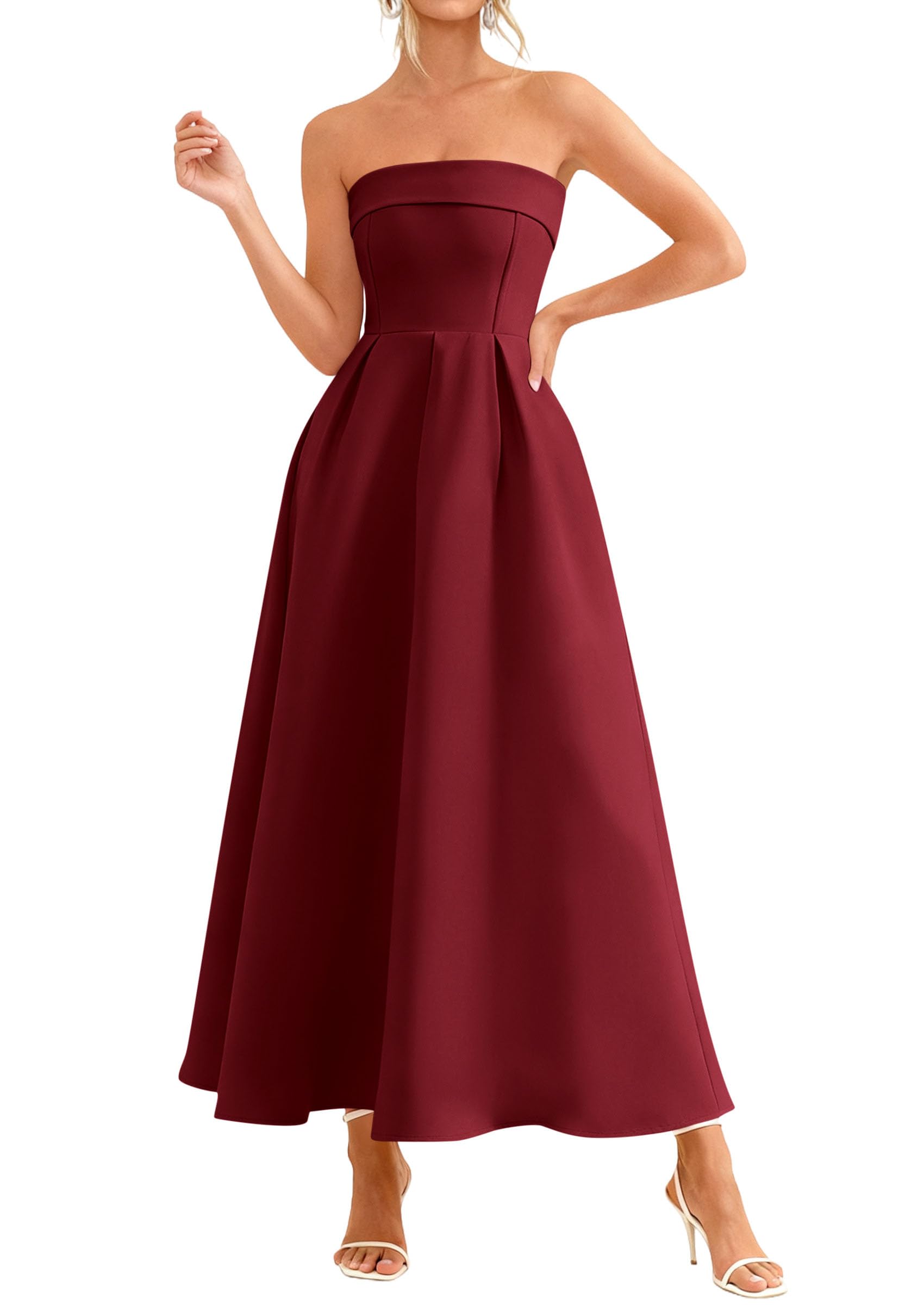 PRETTYGARDEN Cocktail Dresses for Women Summer Formal Elegant Tube Top Strapless Spring Wedding Guest Party Midi Dress PRETTYGARDEN