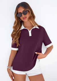 PRETTYGARDEN Summer Short Sleeve Polo Shirts for Women Collared V Neck Work Dressy Tops Knit Loose Business Casual Outfits PRETTYGARDEN