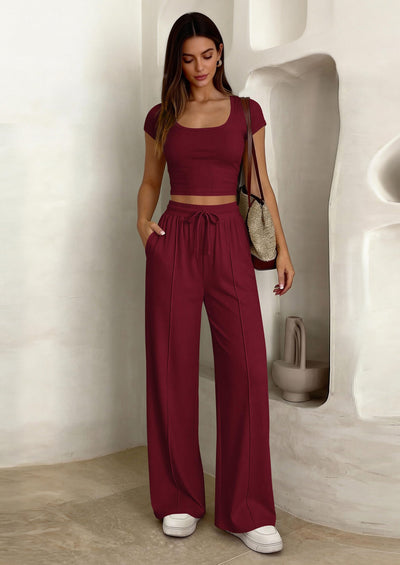 PRETTYGARDEN Women's 2 Piece Matching Lounge Sets Ribbed Short Sleeve Crop Tops Wide Leg Pants Summer Airport Outfits PRETTYGARDEN