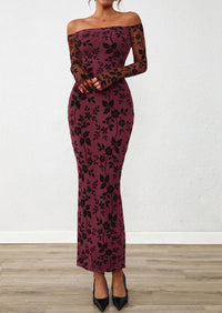 PRETTYGARDEN Womens Off The Shoulder Floral Maxi Bodycon Dress Fall Long Sleeve Mesh Fitted Long Formal Wedding Guest Dresses PRETTYGARDEN