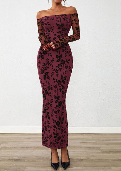 PRETTYGARDEN Womens Off The Shoulder Floral Maxi Bodycon Dress Fall Long Sleeve Mesh Fitted Long Formal Wedding Guest Dresses PRETTYGARDEN